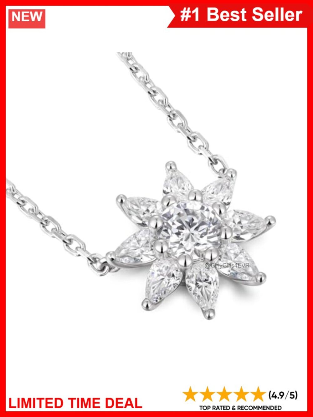 5A CZ Flower Pendant Necklace 20in Rhodium Plated